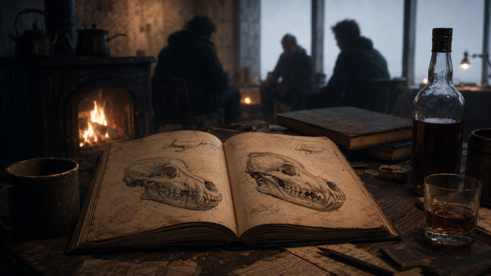 The fire and the whiteout — three figures at the wood stove, the unconscious trade made visible